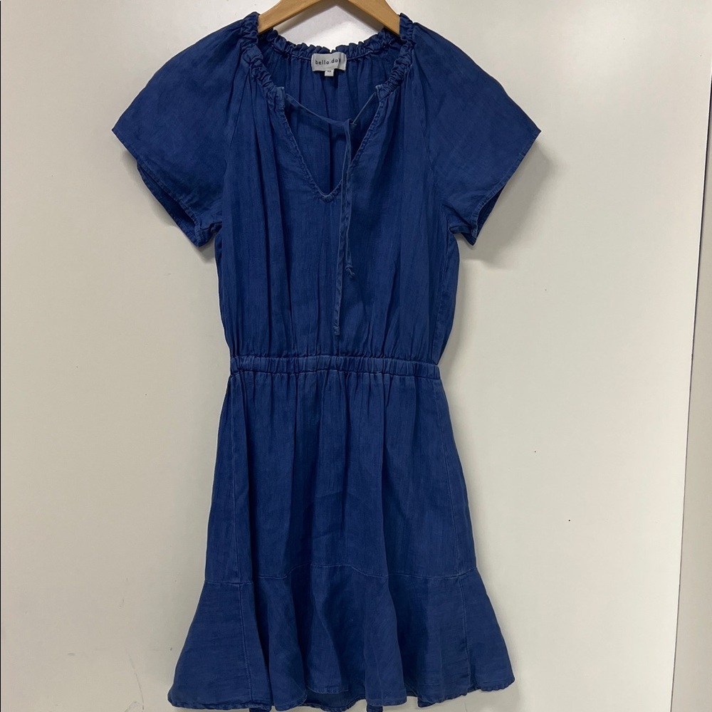 Bella Dahl, Linen Dress, Blue, Mini, Tie Neck, Elastic at Waist, Ruffle  Bottom